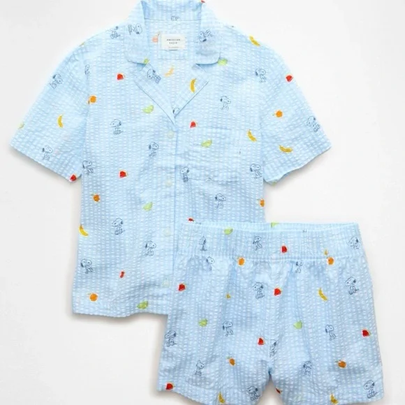Peanuts x AE Snoopy Fruit Seersucker PJ Set XXL Blue Gingham Short Sleeve/Shorts - Picture 3 of 12